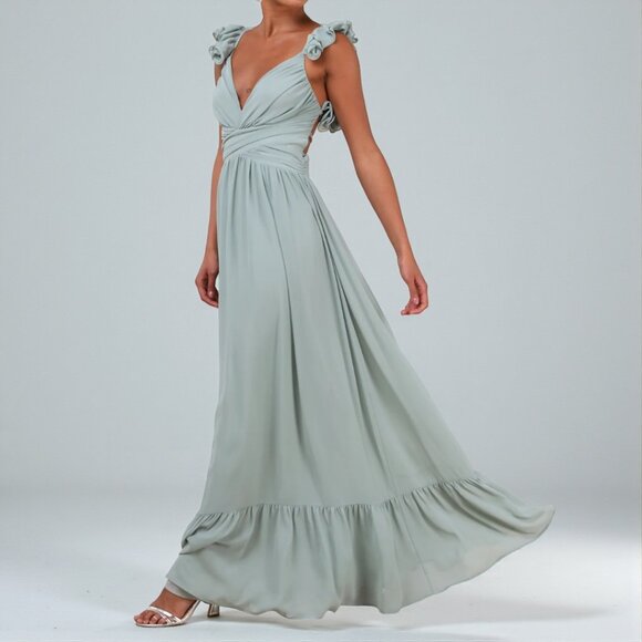 Lulus Soiree Celebration Light Blue Floral Ruffled Lace-Up Maxi Dress  Size M - Picture 3 of 9